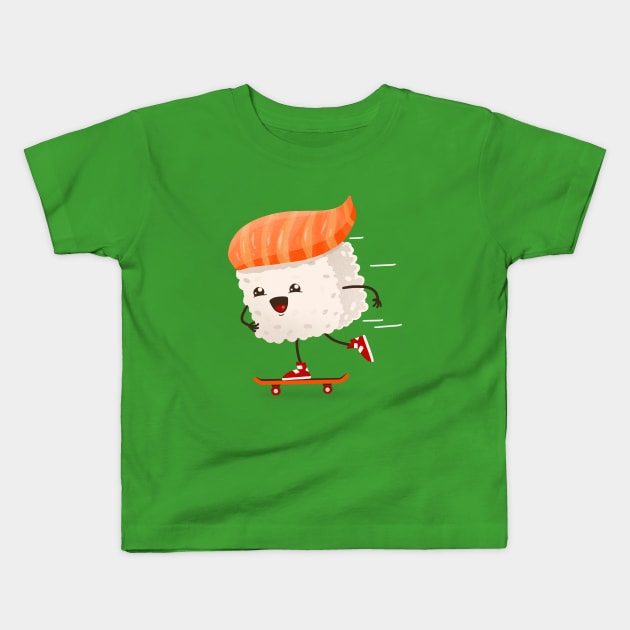 Kawaii sushi skateboarding Kids T-Shirt by hyperactive